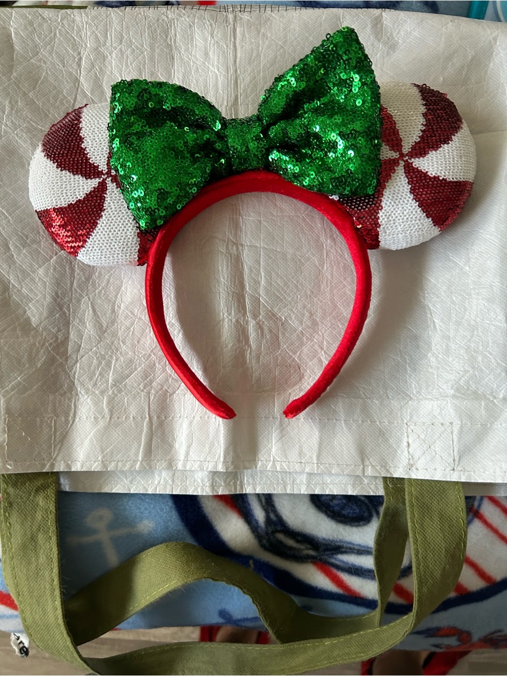 Disney Parks Holiday Sequin Mouse Ear Headband with Green Bow